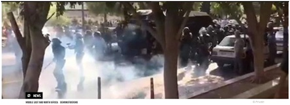 Iranian security forces firing tear gas to disperse a protest in the city of Bushehr, Bushehr province, south-west Iran, on 16 November 2019. Verified video footage from this protest showed that security forces used excessive force against peaceful protesters. © Private